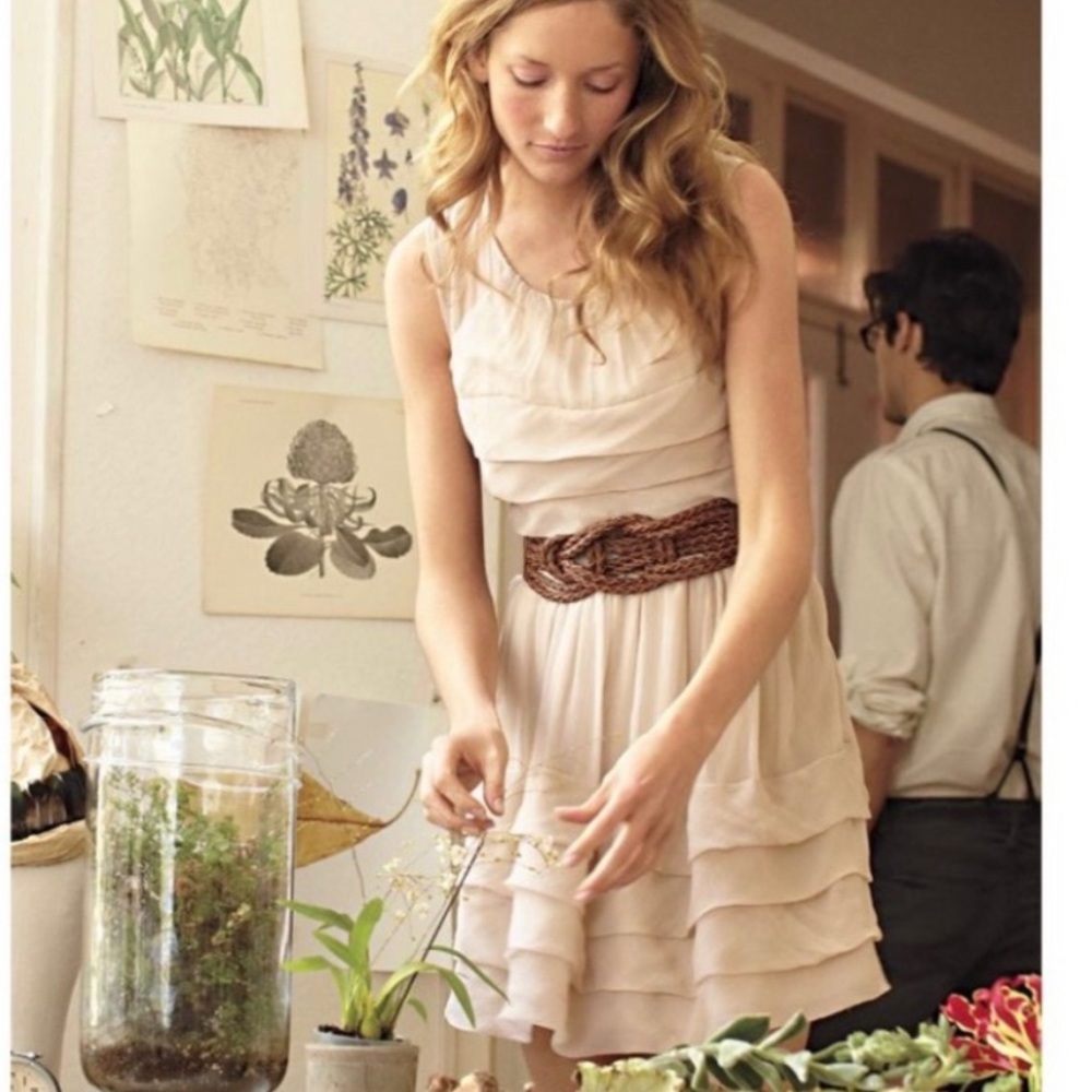 Anthropologie Burlapp Nude tan khaki Victorian sleeveless silk ruffle dress NWOT